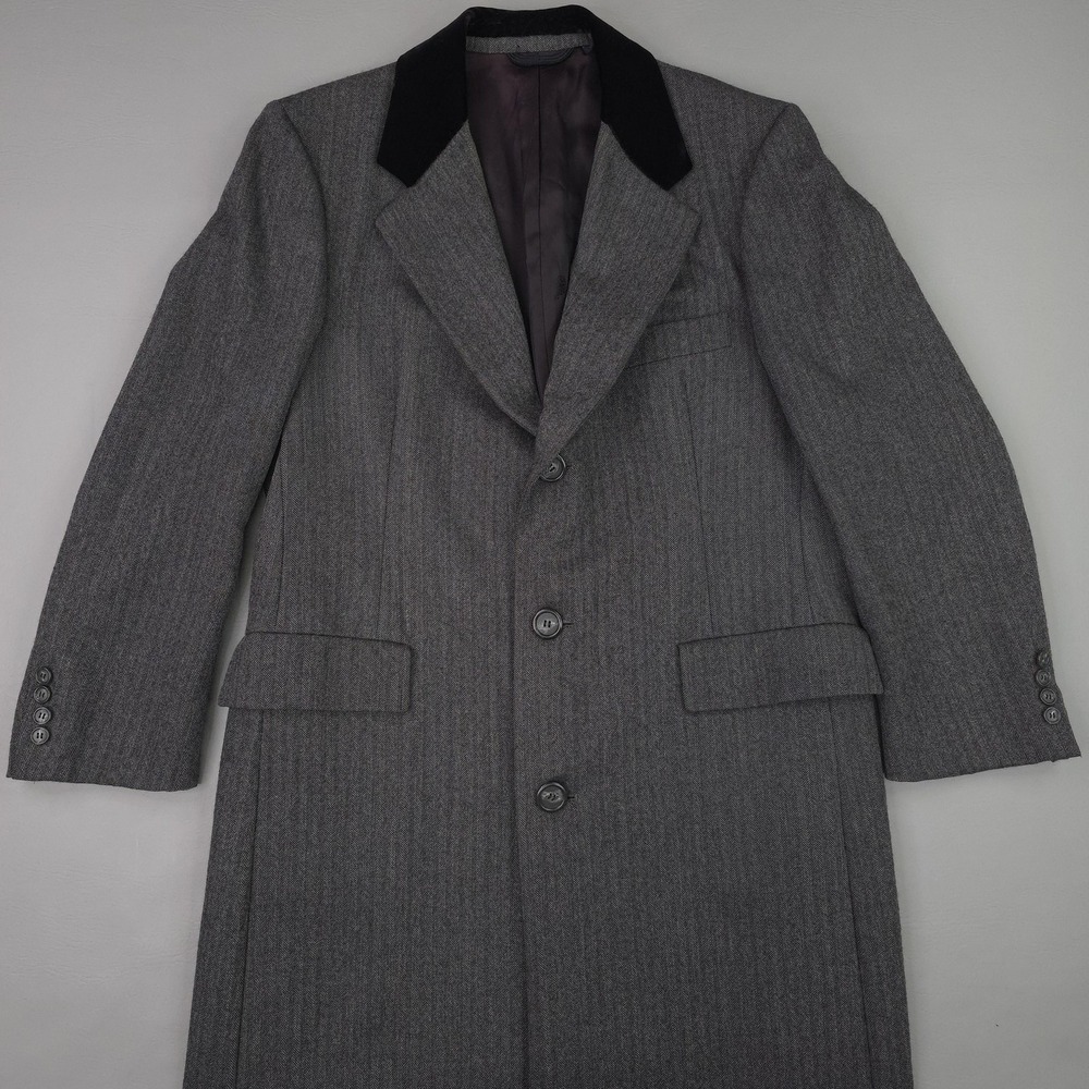 Vintage Society Brand Ltd Overcoat Mens 42R Gray Herringbone Velvet Collar